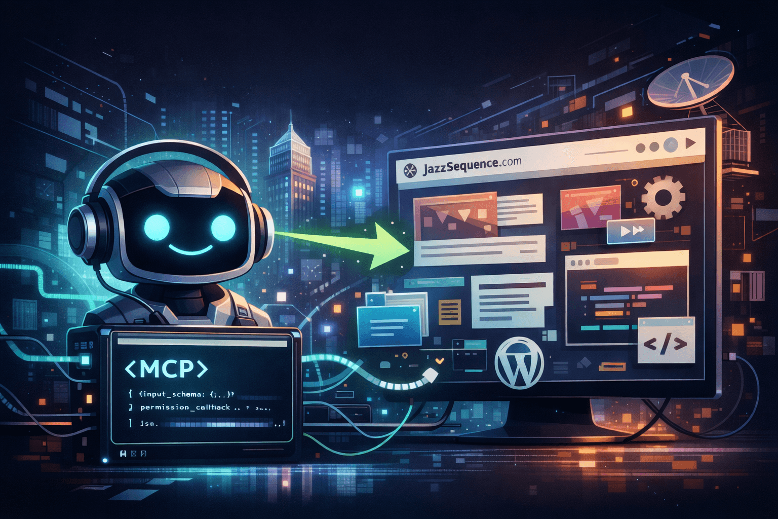 Futuristic digital illustration of a friendly AI assistant connected to a glowing Model Context Protocol interface, analyzing and interacting with a WordPress-powered website dashboard filled with code snippets, UI components, and data panels, with neon data streams linking the AI to the site against a nighttime cityscape of servers and networks — image created by DALL·E via ChatGPT.