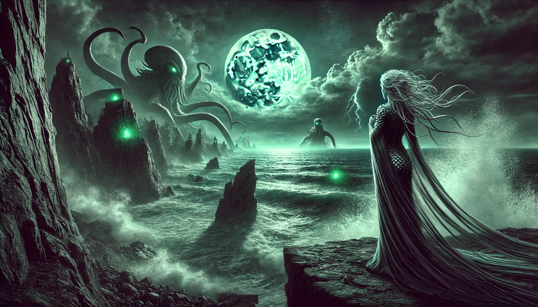 A dramatic cinematic scene inspired by H.P. Lovecraft's style, set on a stormy cliffside under a pale, glowing moon. A humanoid figure, ethereal and alien, with shimmering fish-scale-like attire and silver hair with tendrils, stands at the edge of a cliff overlooking a tumultuous ocean. The waves crash violently against jagged rocks, and enormous, shadowy, incomprehensible forms rise from the sea, illuminated faintly by eerie green lights. The sky is filled with dark storm clouds and lightning streaks, creating a haunting, otherworldly atmosphere. The perspective is cinematic, with the figure in the foreground gazing out at the titanic, alien shapes in the distance. The color palette is dark, with shades of green, black, and silver dominating. This image is presented in a wide 16:9 format, as if it were a still from a dramatic horror film.