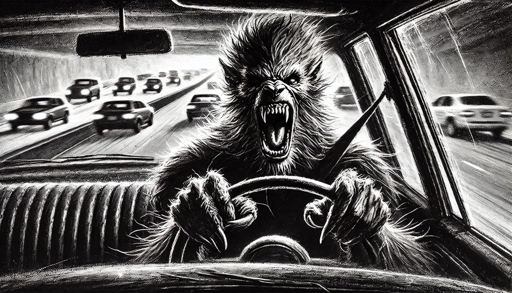 A black and white, gritty, charcoal-style depiction of a driver mid-transformation into a werewolf, seen from the perspective of the passenger seat. The werewolf’s face contorts, fangs emerge, fur sprouts, and claws grip the steering wheel tightly. The freeway outside is shown correctly from the side, with cars traveling in the same direction as the werewolf’s vehicle, their headlights and taillights forming streaks of motion. The mood is dark and intense, with expressive brushstrokes capturing the raw, chaotic energy of the transformation.